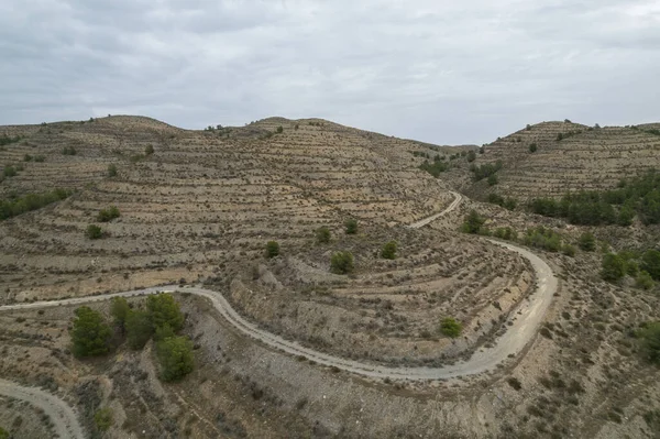 Almerya 'nın dağlık arazisi, toprak bir yol var, kurak bir bölge, çam ağaçları var ve gökyüzü bulutlu.
