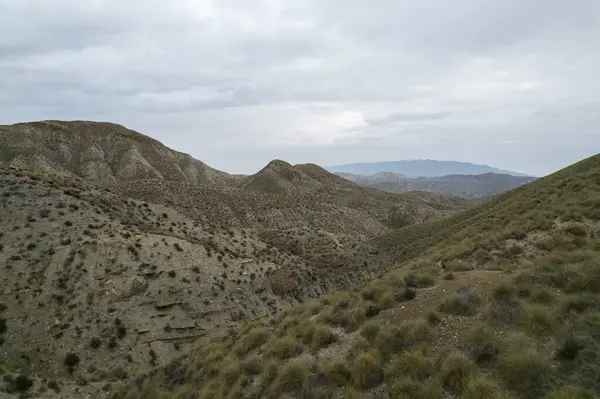 Засушливый Пейзаж Пустыни Табернас Альмерии Испания Горный Пейзаж Кусты Небо — стоковое фото