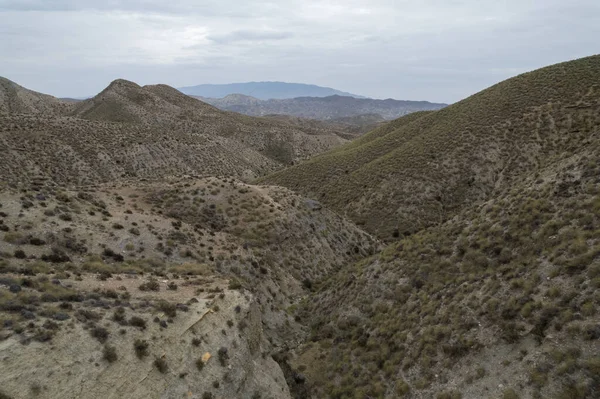 Almerya 'daki Tabernas Çölü' nün kurak manzarası (İspanya), dağlık bir manzara, çalılar var ve gökyüzü bulutlu.