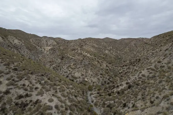 Almerya 'daki Tabernas Çölü' nün kurak manzarası (İspanya), dağlık bir manzara, çalılar var ve gökyüzü bulutlu.