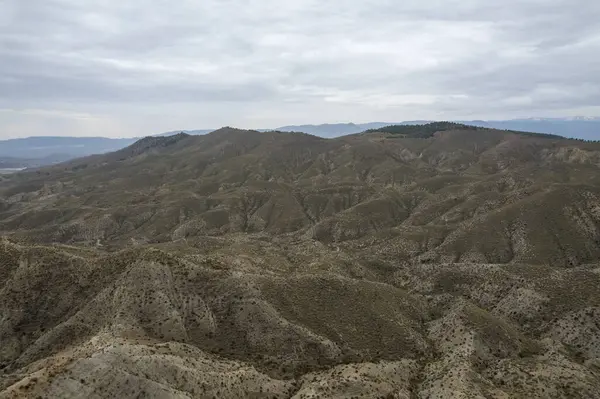 Almerya 'daki Tabernas Çölü' nün kurak manzarası (İspanya), dağlık bir manzara, çalılar var ve gökyüzü bulutlu.