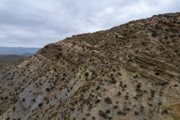 Almerya 'daki Tabernas Çölü' nün kurak manzarası (İspanya), dağlık bir manzara, çalılar var ve gökyüzü bulutlu.