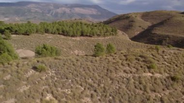İspanya 'nın güneyindeki dağlık arazi, ağaçlar ve çalılar var, kurak bir bölge, gökyüzünde bulutlar var.