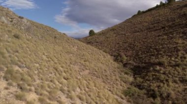 mountainous landscape in the south of Spain, there are trees and bushes, it is an arid area, the sky has clouds