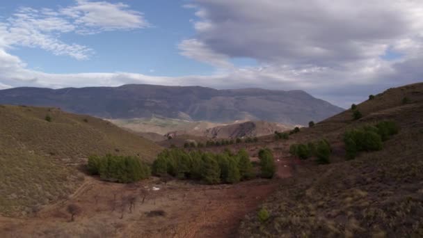 Mountainous Landscape South Spain Trees Bushes Arid Area Sky Has — стоковое видео