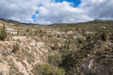 İspanya 'nın güneyinde dağlık bir arazi, bir çam ormanı var, vadiler var, gökyüzü bulutlu