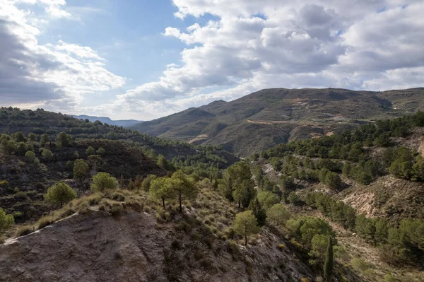 Bergslandskap Södra Spanien Det Finns Tallskog Det Finns Raviner Himlen — Stockfoto