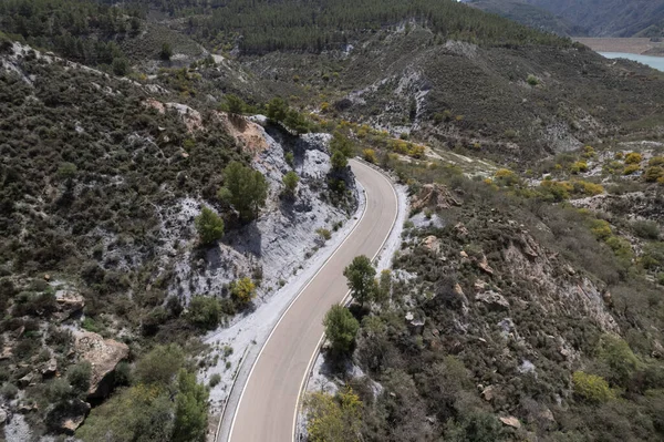 Güney Spanya Daki Dağların Arasından Geçen Yol Çam Ağaçları Çalılar — Stok fotoğraf