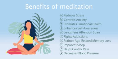 Beden, zihin ve duygular için meditasyon sağlık faydaları, simgeli vektör bilgileri