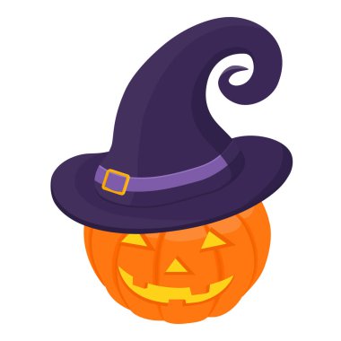 Beyaz arka planda balkabağı. Cadılar Bayramı için tasarladığın cadı şapkalı turuncu balkabağı. Vektör 