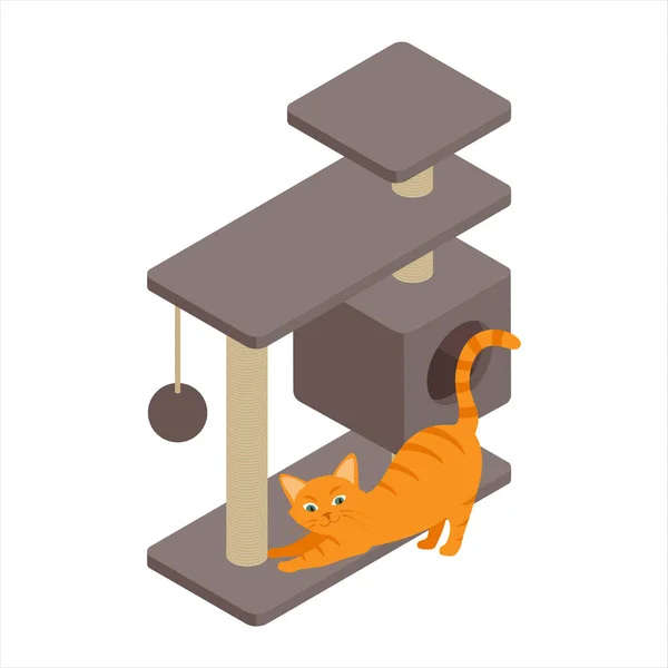 Cute Ginger Cat Playing Tree Home Isolated White Background Isometric — Stock Vector