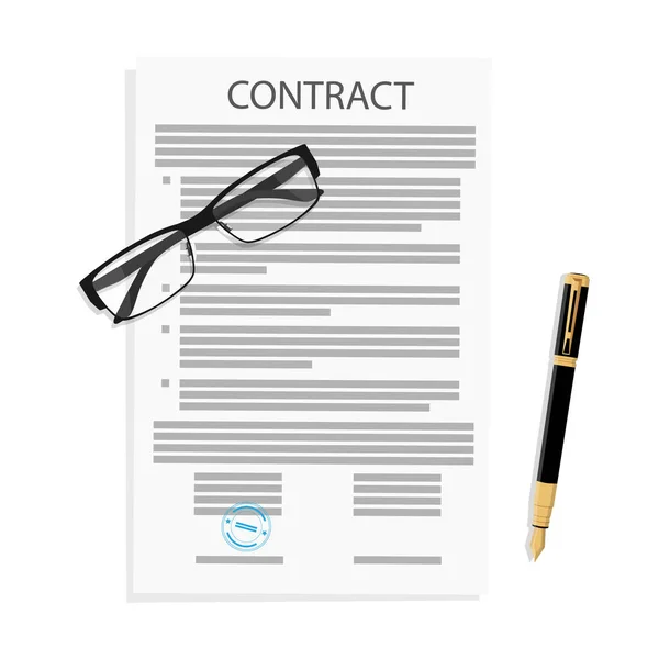 Acuerdo Contrato Gafas Carpeta Bolígrafo Concepto Documento Firma Asociación Ilustración — Vector de stock