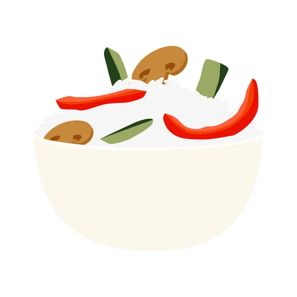 Reis Mit Gemüse Und Pilzen Schüssel Isoliert Auf Weißem Hintergrund — Stockvektor