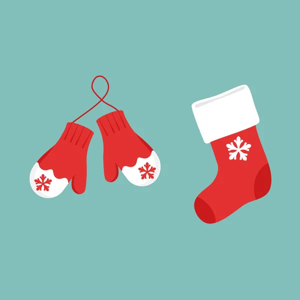 Vörös Téli Ruhák Hópelyhekkel Karácsonyi Ajándék Zokni Kesztyű Vektorikonkészlet — Stock Vector