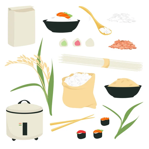 Rice Vector Icon Set Collection Icons Rice Products Noodles Sushi — Stock Vector