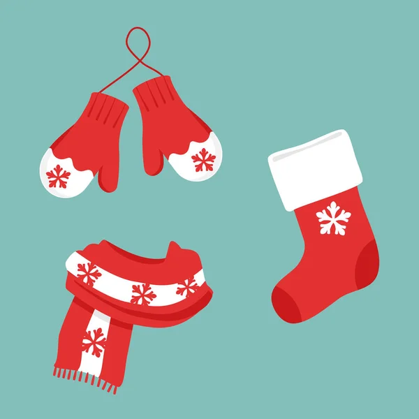 Vêtements Hiver Rouges Avec Flocon Neige Cadeau Noël Chaussette Écharpe — Image vectorielle