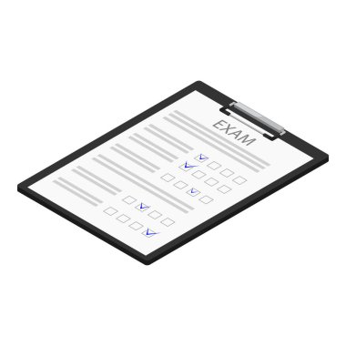 Sınav kağıdı beyaz arkaplanda izole edilmiş, izometrik görünüm. raster