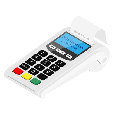 POS Terminal ödeme makinesi beyaz arka planda izole edilmiş. Banka Ödeme Terminali. NFC ödeme cihazı işleniyor. İzometrik görünüm