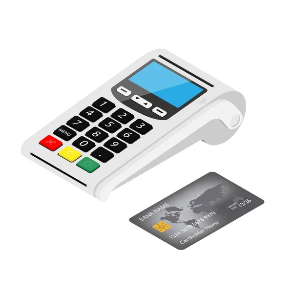 白い背景に隔離された銀行クレジットカードで新しいスマートPos端末支払い機 銀行決済ターミナル 決済機器の処理 アイソメトリックビュー — ストック写真