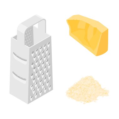 Raster çizim peynir rendesi, rendelenmiş peynir ve bir parça peynir. İzleyici görünüm, beyaz arkaplanda izole.