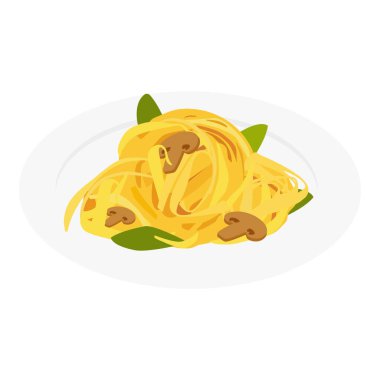 Mantarlı makarna ve fesleğen. Isome Manzarası. Beyaz arka planda izole edilmiş. raster