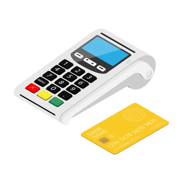白い背景に隔離された銀行クレジットカードで新しいスマートPos端末支払い機 銀行決済ターミナル Nfc非接触決済デバイスの処理 アイソメトリックビュー — ストック写真