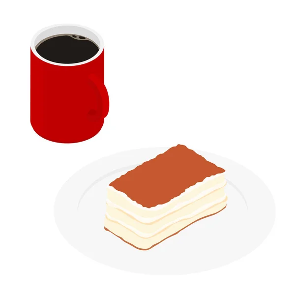 意大利提拉米苏甜点与红色的混合咖啡分离出来的白色背景 等距视图 — 图库照片
