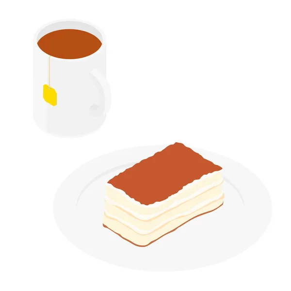 意大利提拉米苏甜点和杯子热茶分离的白色背景 等距视图 — 图库照片