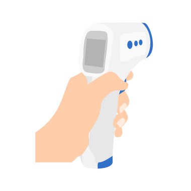 Doktorun elinde bulunan dijital temas dışı kızılötesi termometre beyaz arka planda izole edildi. Tıbbi termometre vücut ısısını ölçüyor. raster