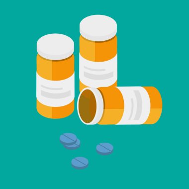 İlaç şişeleri. Kapaklı plastik hap tüpünü aç. Bazı ilaç kapsülleri uzanıyordu. İlaç tedavisi, ilaveler, ilaçlar. Isometric view raster tıp nesnesi illüstrasyonu