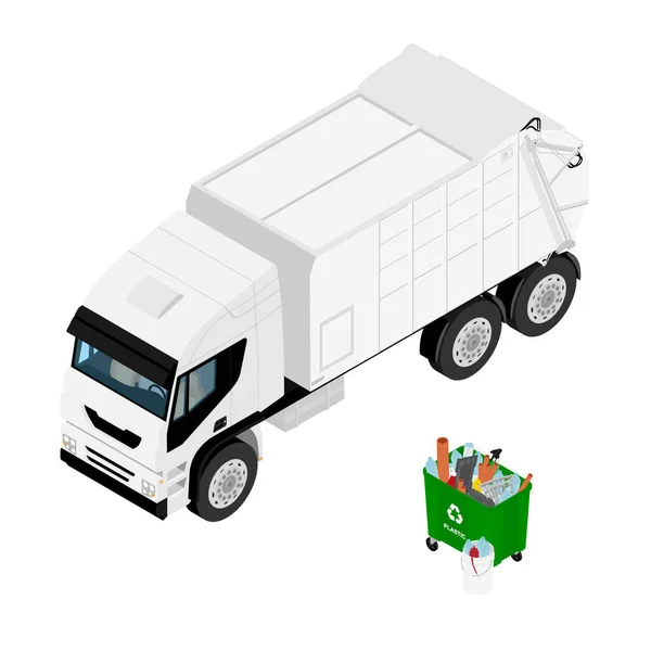 Basura en cubo de basura con basura plástica clasificada y camión de basura. —  Fotos de Stock