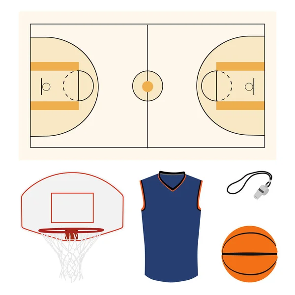Basket ikon set med basket boll, båge, visselpipa domstol och jersey eller enhetlig. — Stockfoto