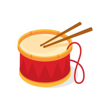 Kırmızı davul ve tahta bagetler. Müzik aleti, davul makinesi. Raster illüstrasyonu beyaz arkaplanda izole edildi.