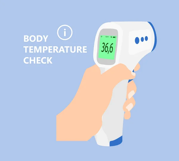 Covid 19の発生時の体温チェックサイン 手にデジタル非接触赤外線温度計 ラスター — ストック写真