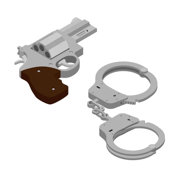ピストルリボルバーと手錠は白地に隔離されてる 犯罪と暴力の概念 アイソメトリックビュー ラスター — ストック写真