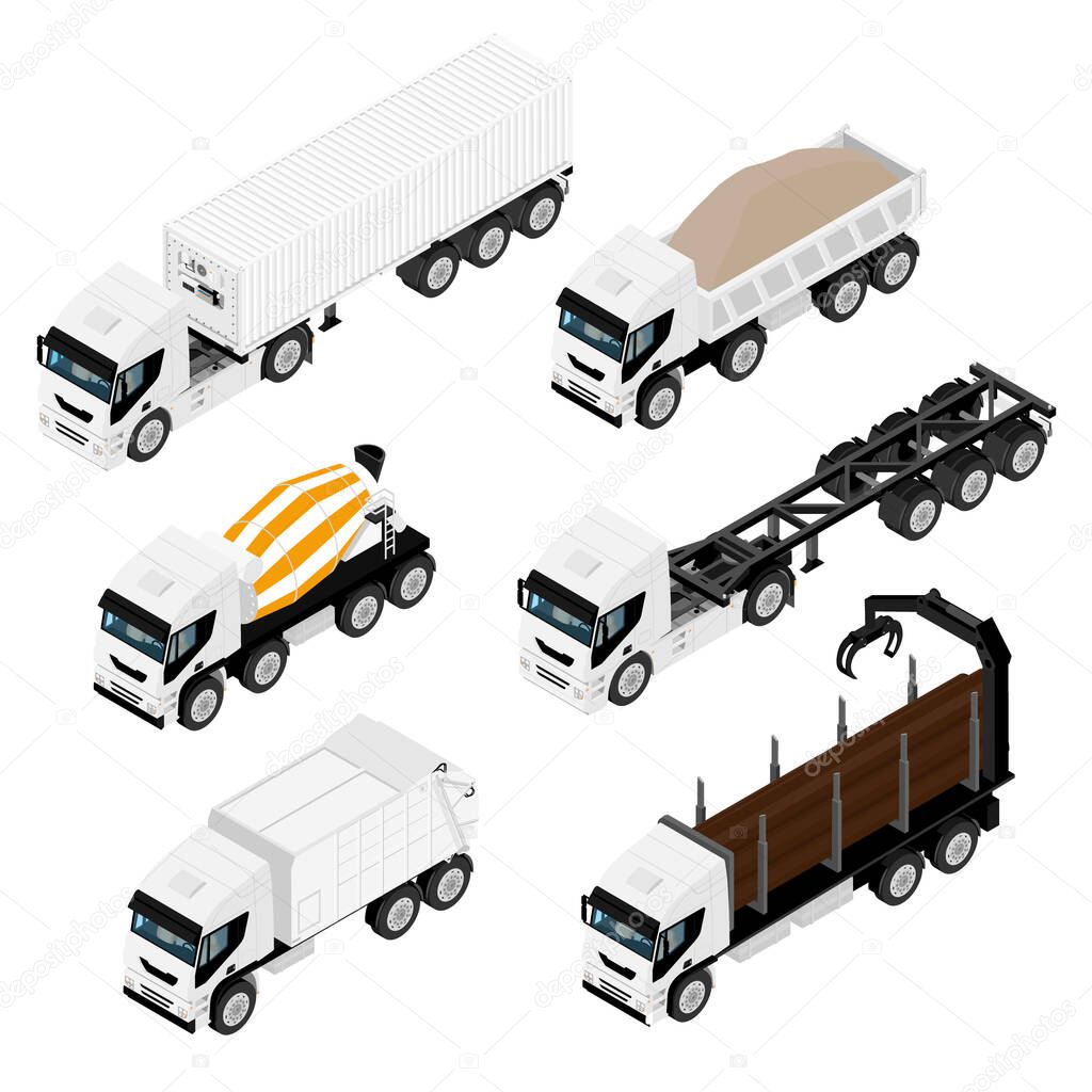 Big set of transport. Special machines for the construction work. oncrete cement mixer truck, logging truck, truck with container and dump truck. Commercial Vehicles