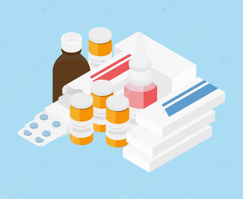 Various meds. Pills, capsules blisters, glass bottles with liquid medicine plastic tubes with caps. Drug medication supplements collection. Isometric view raster object illustration