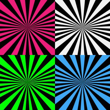 Radyal ışınları, komik efektleri ve girdap arkaplanı olan raster illüstrasyon saykodelik spiral seti. Hipnotik spiral