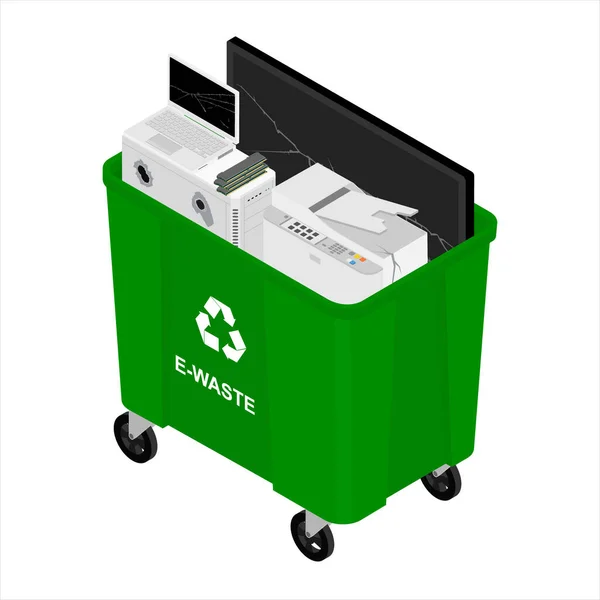 Residuos Electrónicos Lata Reciclaje Verde Contenedor Con Dispositivos Eléctricos Reciclaje — Foto de Stock