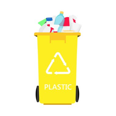Sarı kutu ve plastik çöp öğütücü ikonu. Çöp ayrıştırma geri dönüşümü ve beyaz arka planda izole edilmiş geri dönüşüm. Geri dönüşüm kavramı