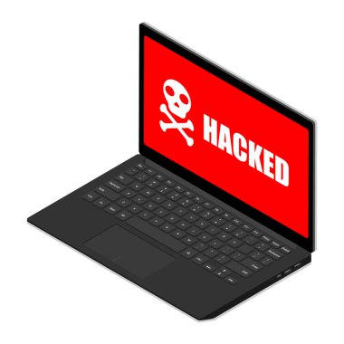 Ekranda kafatası olan bir laptop. Virüs, korsanlık, hackleme ve güvenlik kavramı. Isome Manzarası. raster