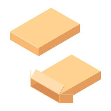 Karton kutuyu aç ve kapat. Beyaz bir arka planda izole edilmiş. Raster Illustrasyon. İzometrik görünüm