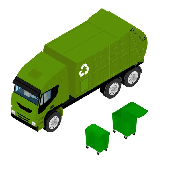 Śmieciarka Zielony Plastikowy Pojemnik Izolowany Białym Tle Pojazd Odpady Widok — Zdjęcie stockowe