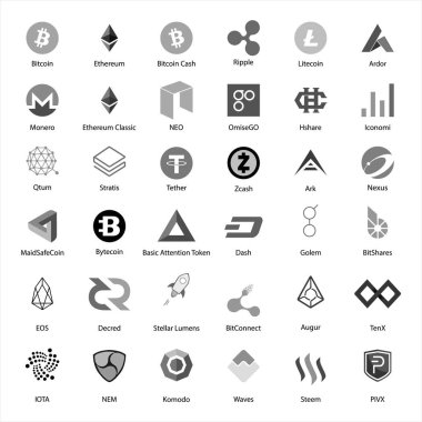 Raster illüstrasyon ayarla, kripto Döviz Alım blockchain düz logosunun beyaz arka plan üzerinde izole topluluğu.
