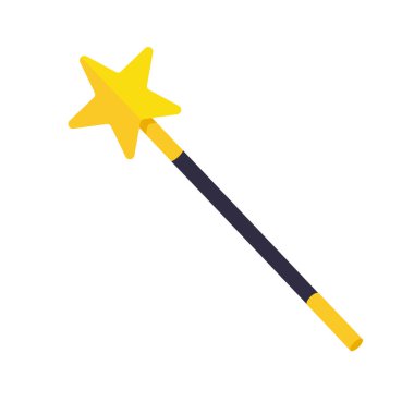 Yıldız şeklindeki sihirli aksesuarlı dekoratif sihirli değnek. Sihirli çizgi film gücü. Raster illüstrasyonu beyaz arkaplanda izole edildi