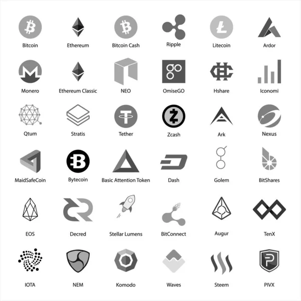 光栅插图集 加密货币的集合 Blockchain 在白色背景上隔离的平面徽标 — 图库照片