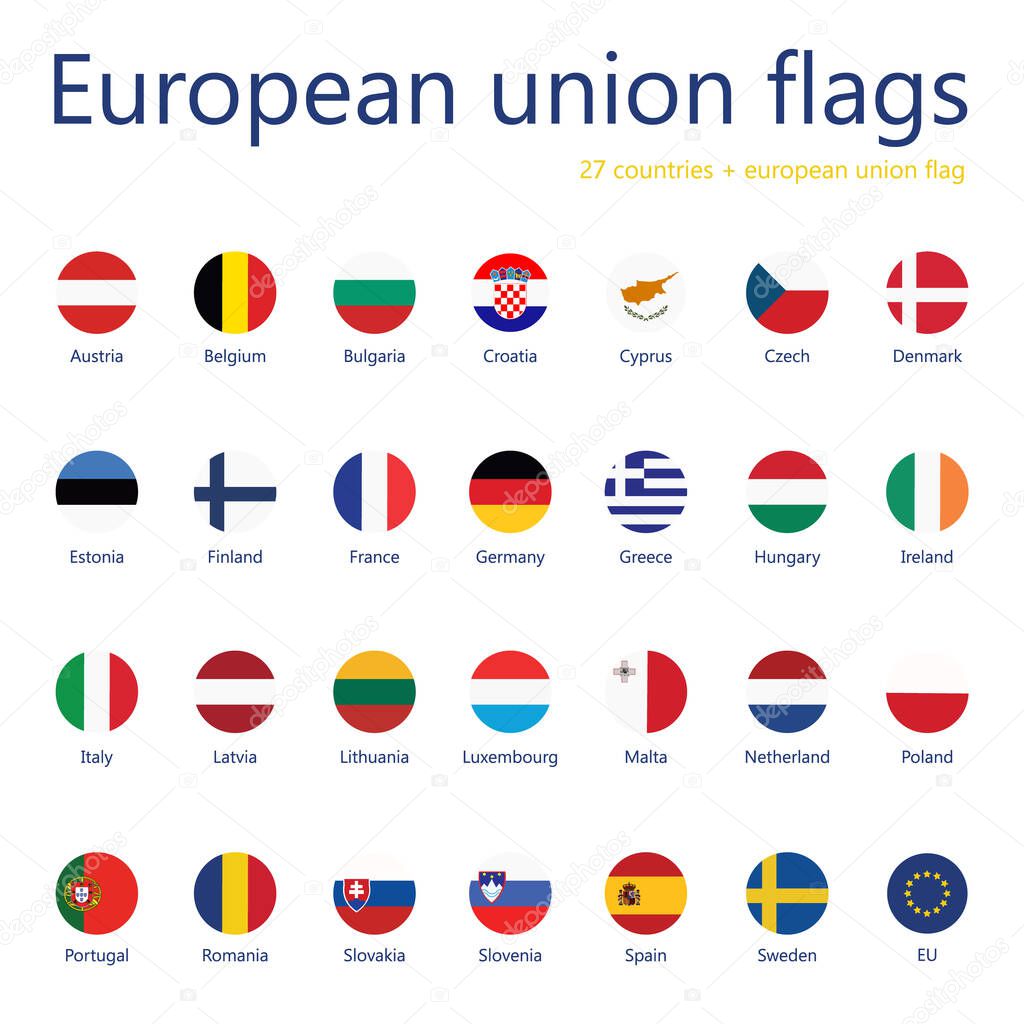 raster illustration set of european union flags with names. 27 flags eu flag.
