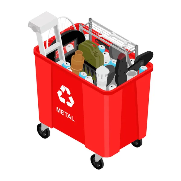 Rood blik met gesorteerde metalen vuilnisbak icoon. Afscheiding van afval recycleren — Stockfoto