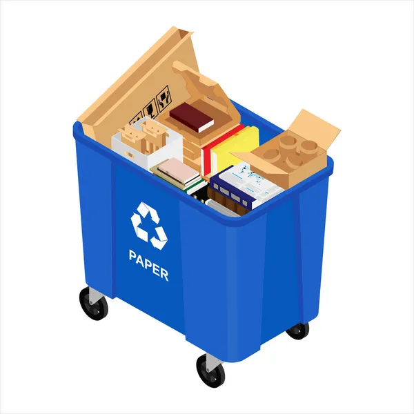 Blue can with sorted paper garbage raster icon. — Stock Photo, Image