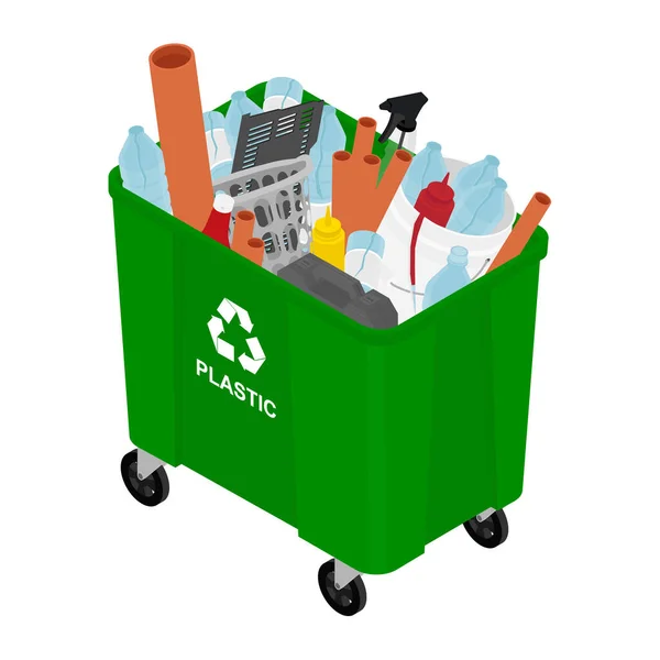 Зеленый мусорный бак с отсортированным пластиковым растровым значком. — стоковое фото